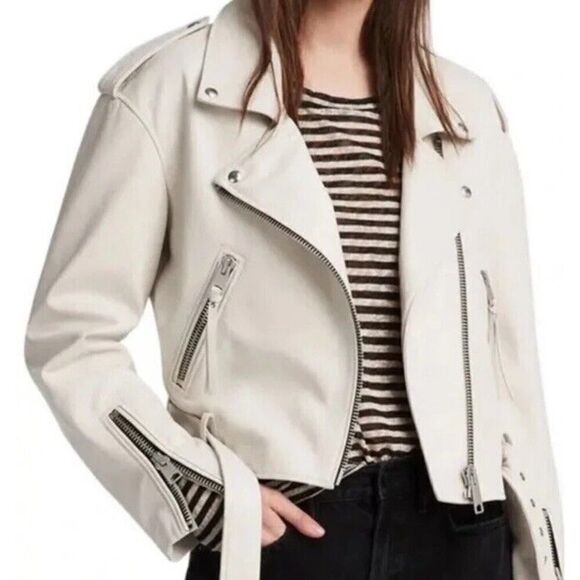 ALLSAINTS Anderson Sheepskin Leather Zip Front Biker Jacket White Size 4 US - Picture 13 of 13